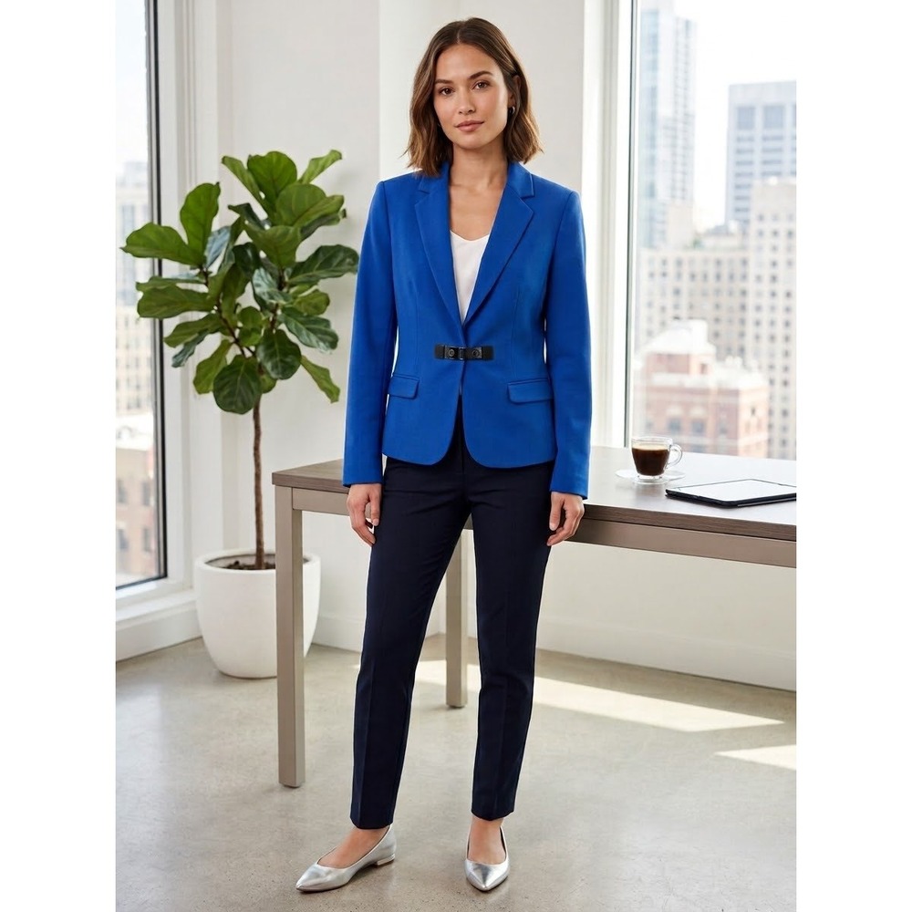 Buckle Front Calvin Klein Royal Blue Crepe Blazer Size 8P 8 Petite